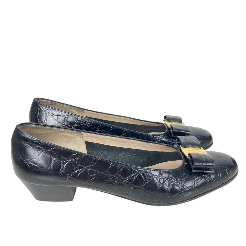 FARRAGAMO Vera Bow Black Leather Low Heels Pumps - 7.5
